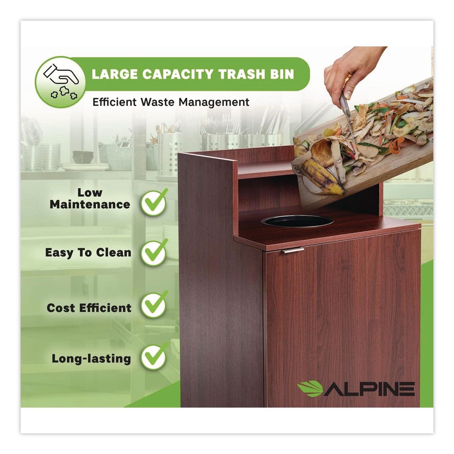 Alpine Industries Food Service Trash Enclosure, 32 gal, Melamine Faced Chipboard, Mahogany (ALH476DHMA)