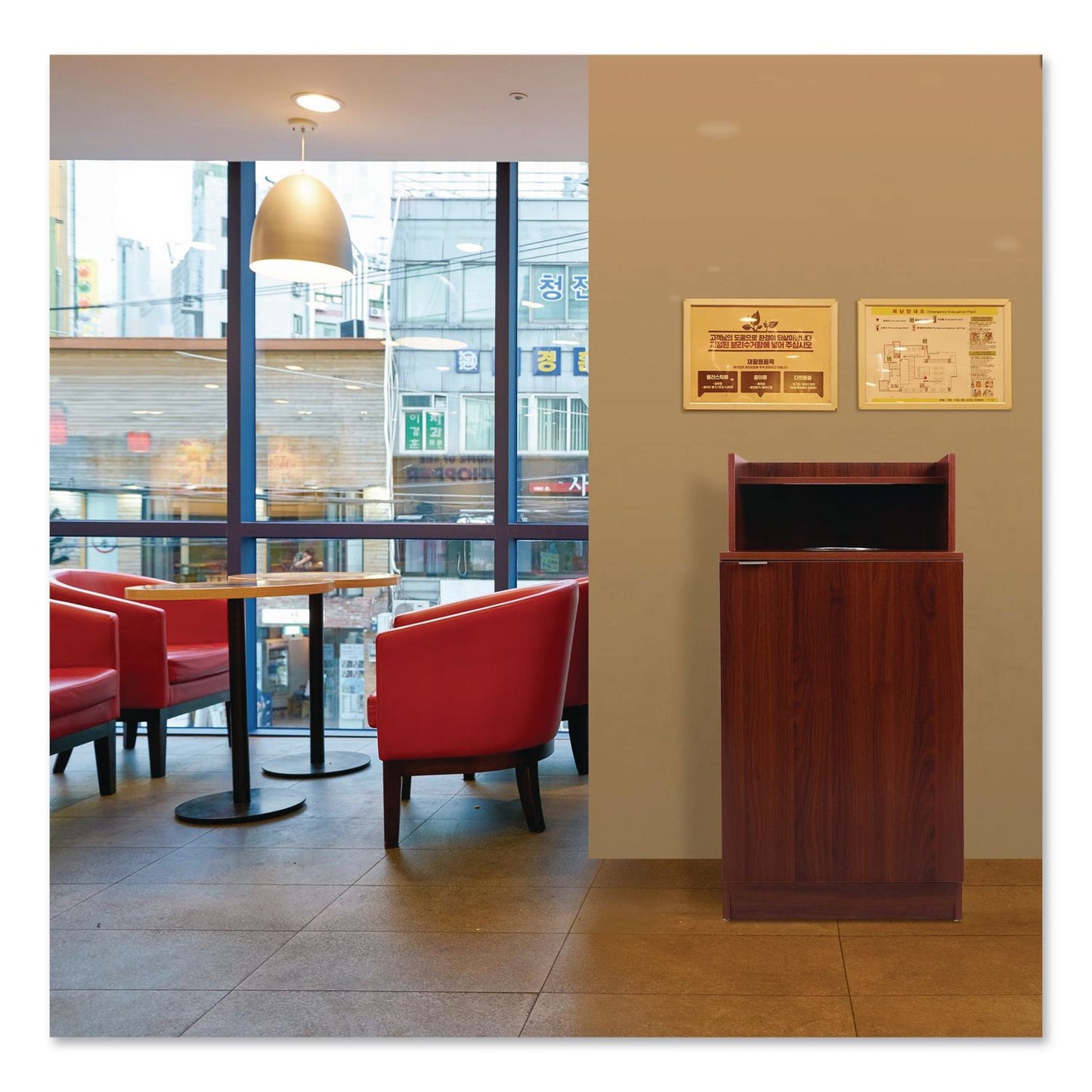 Alpine Industries Food Service Trash Enclosure, 32 gal, Melamine Faced Chipboard, Mahogany (ALH476DHMA)