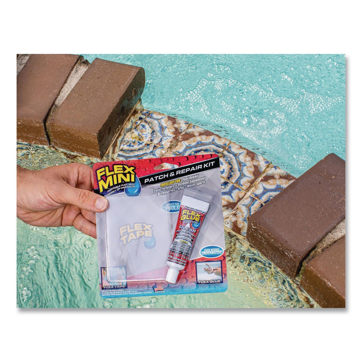 Flex Seal Products® Pool Patch and Repair Kit, Flex Glue Mini Clear 0.6 oz Tube and (2) Flex Tape Mini Clear Patches 3" x 4", 12/Carton (FSGPOOLKITMINI)