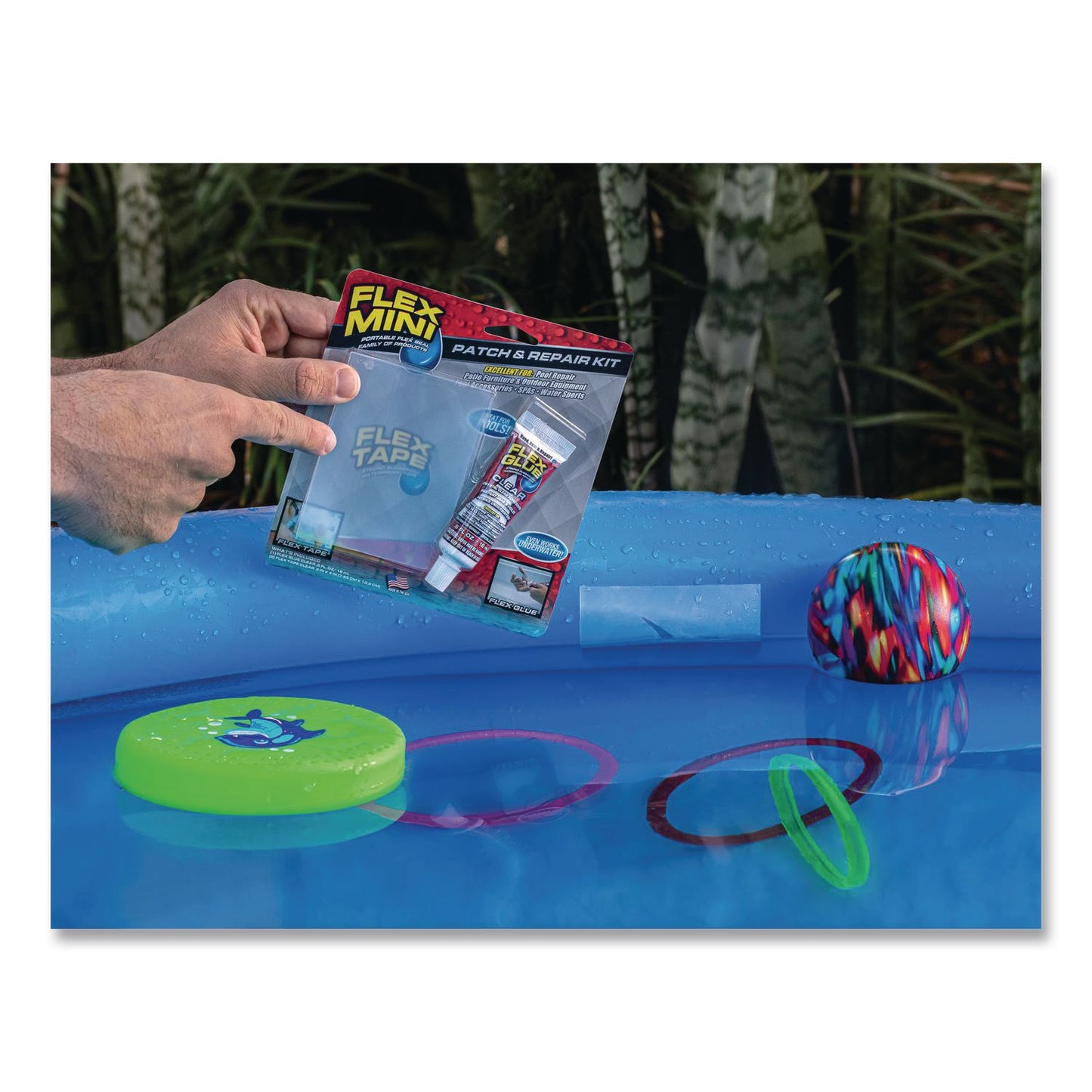 Flex Seal Products® Pool Patch and Repair Kit, Flex Glue Mini Clear 0.6 oz Tube and (2) Flex Tape Mini Clear Patches 3" x 4", 12/Carton (FSGPOOLKITMINI)