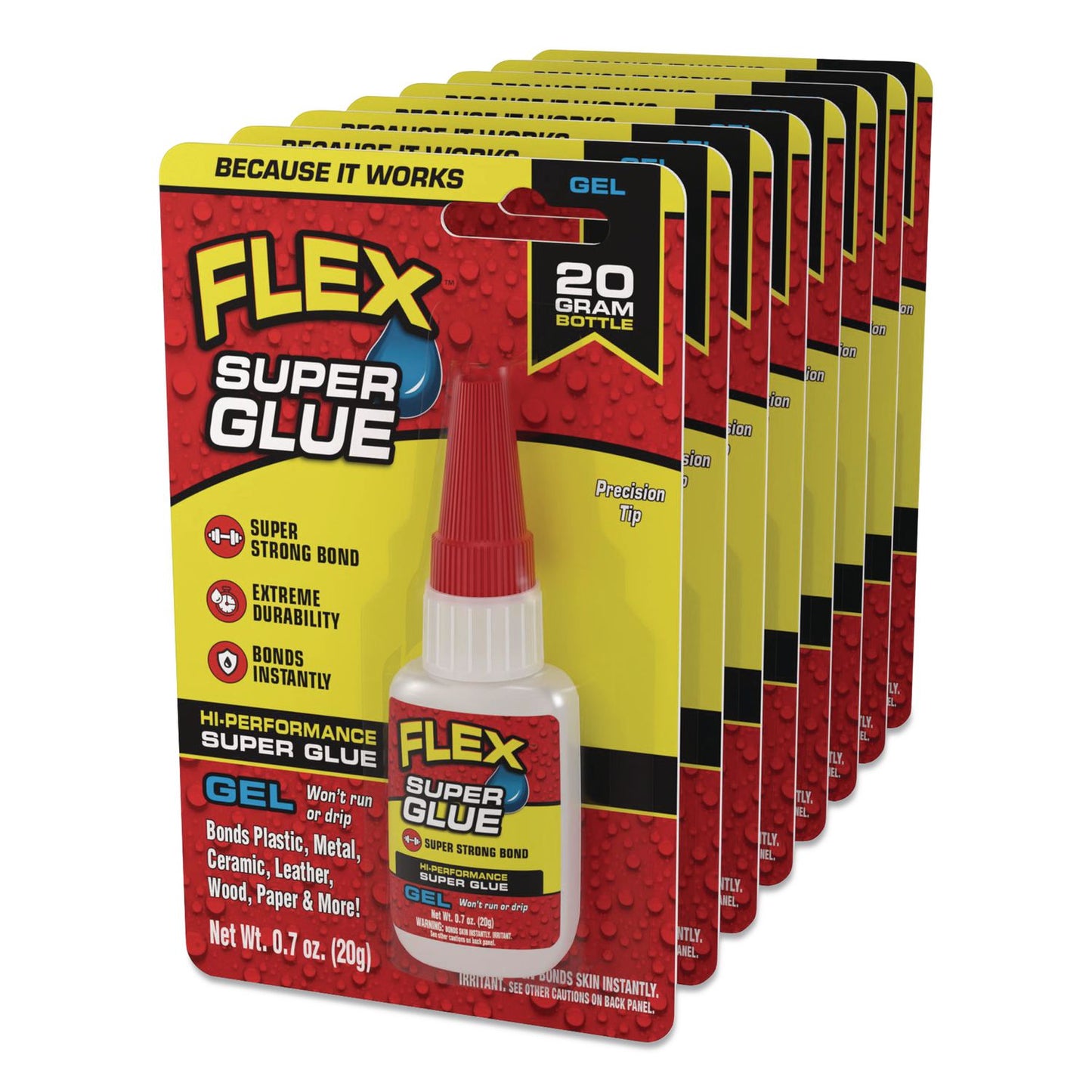 Flex Seal Products® Flex Super Glue, Precision Tip, Gel, 0.7 oz, Dries Clear, 8/Carton (FSGSGGELB20)