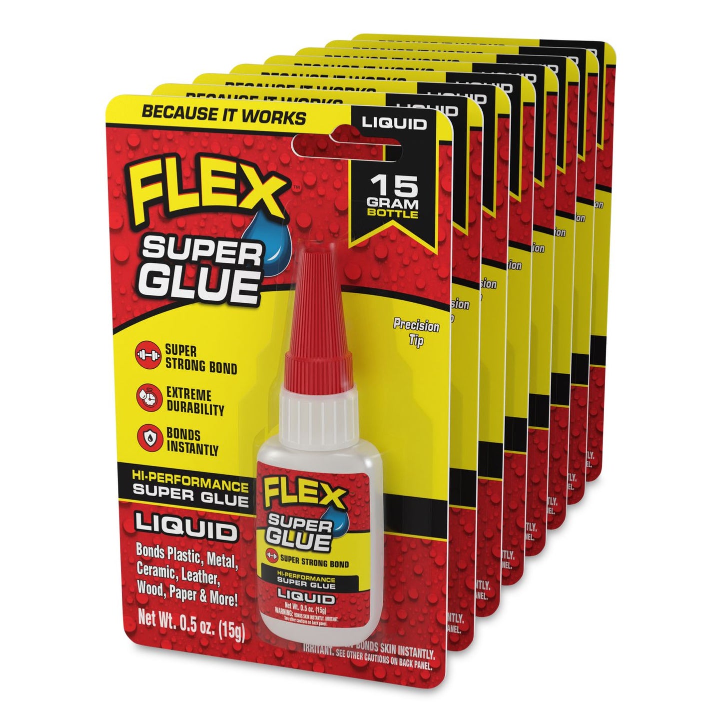 Flex Seal Products® Flex Super Glue, Precision Tip, Liquid, 0.5 oz, Dries Clear, 8/Carton (FSGSGLIQB15)