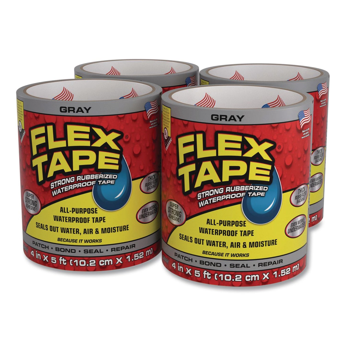 Flex Seal Products® Flex Tape Strong Rubberized Waterproof Tape, 4" Core, 39 mil Thick, 4" x 5 ft, Gray, 4/Carton (FSGTFSGRYR0405)