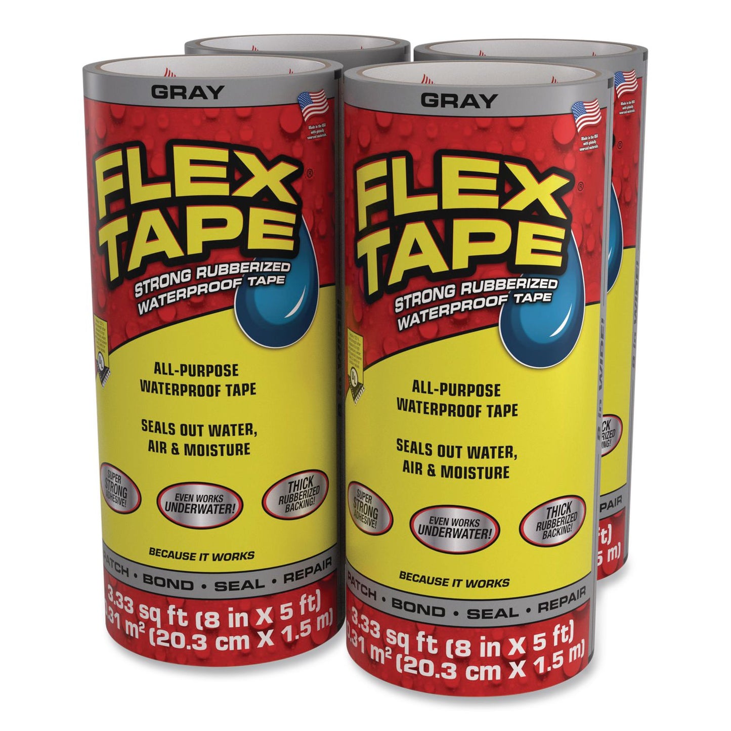 Flex Seal Products® Flex Tape Strong Rubberized Waterproof Tape, 4" Core, 39 mil Thick, 8" x 5 ft, Gray, 4/Carton (FSGTFSGRYR0805)