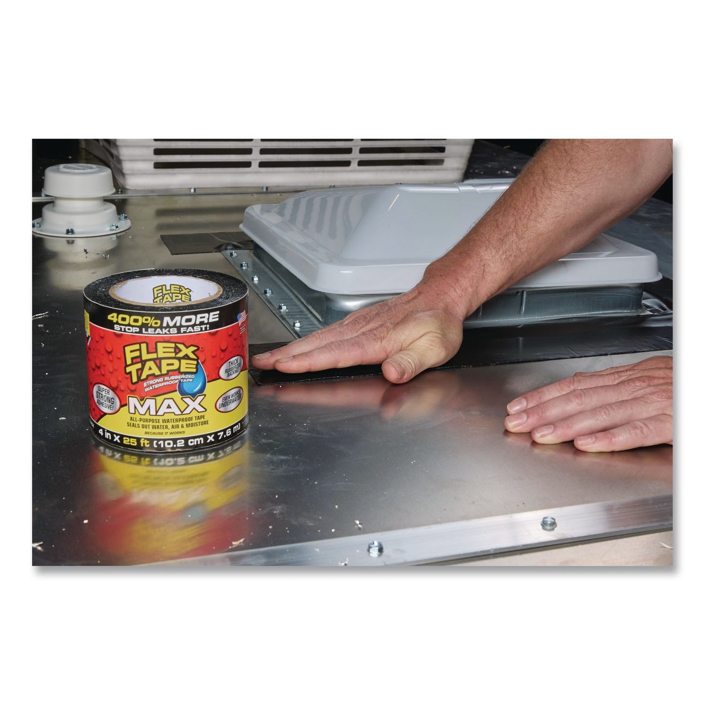 Flex Seal Products® MAX Strong Rubberized Waterproof Tape, 4" Core, 39 mils Thick, 4" x 25 ft, Black, 3/Carton (FSGTFSMAXBLK04)