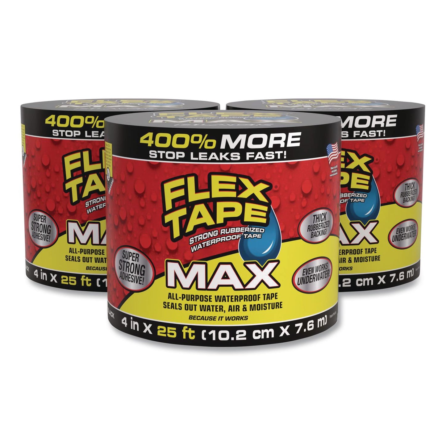 Flex Seal Products® MAX Strong Rubberized Waterproof Tape, 4" Core, 39 mils Thick, 4" x 25 ft, Black, 3/Carton (FSGTFSMAXBLK04)