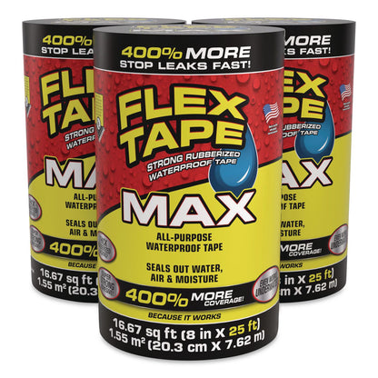 Flex Seal Products® MAX Strong Rubberized Waterproof Tape, 4" Core, 39 mils Thick, 8" x 25 ft, Black, 3/Carton (FSGTFSMAXBLK08)