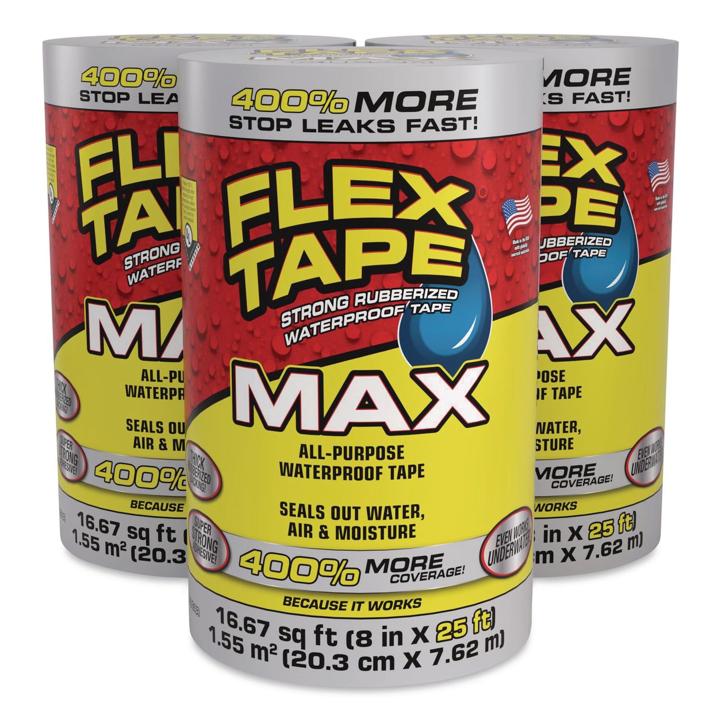 Flex Seal Products® MAX Strong Rubberized Waterproof Tape, 4" Core, 39 mils Thick, 8" x 25 ft, Clear, 3/Carton (FSGTFSMAXCLR08)