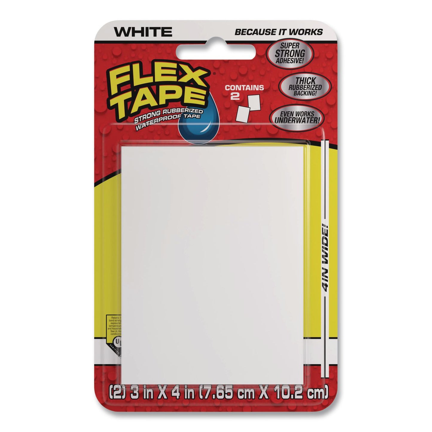 Flex Seal Products® Flex Tape Strong Rubberized Waterproof Tape, 39 mils Thick, 4" x 3", White, 2 Patches/Pack, 24/Carton (FSGTFSWHTMINI)