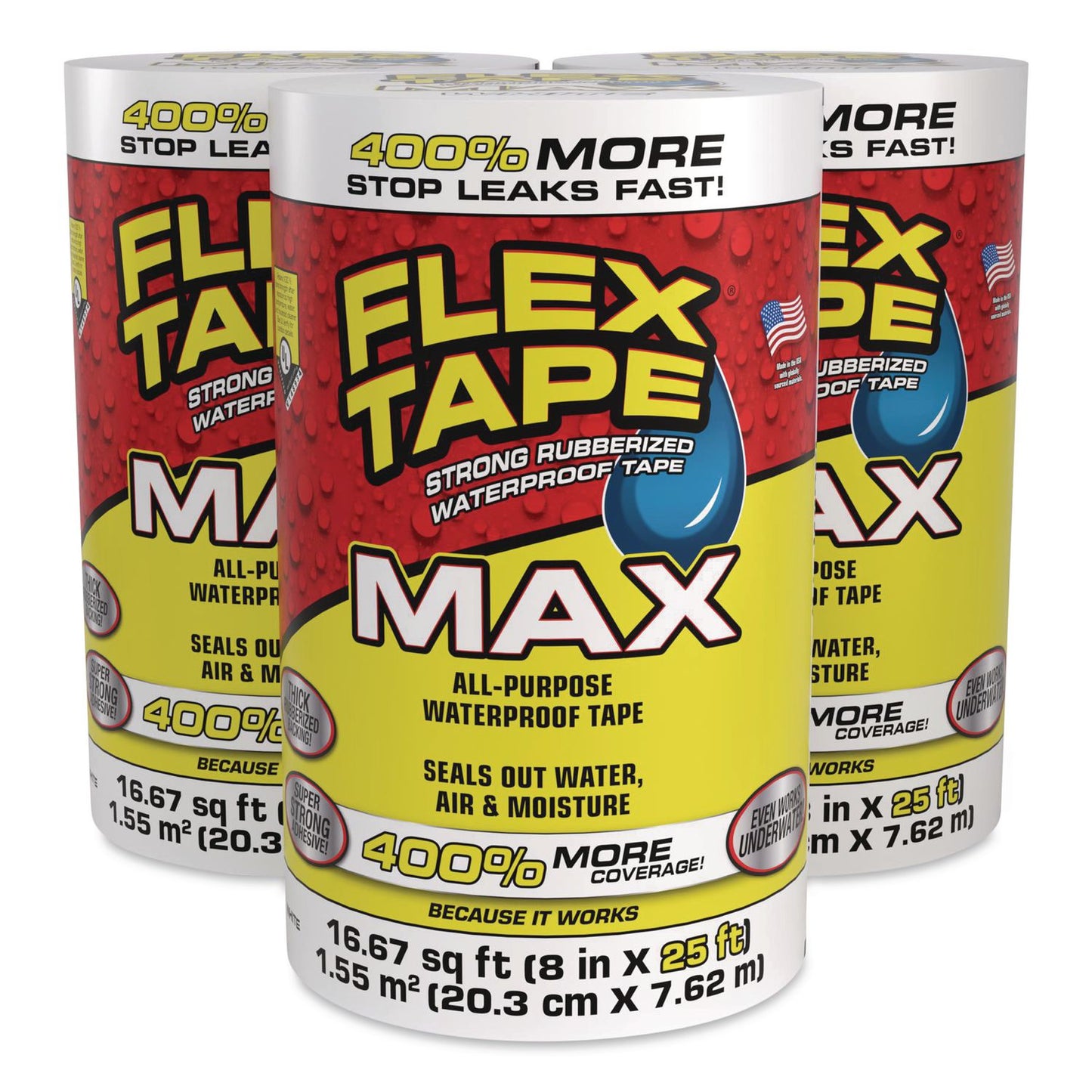 Flex Seal Products® MAX Strong Rubberized Waterproof Tape, 4" Core, 39 mils Thick, 8" x 25 ft, White, 3/Carton (FSGTFSMAXWHT08)