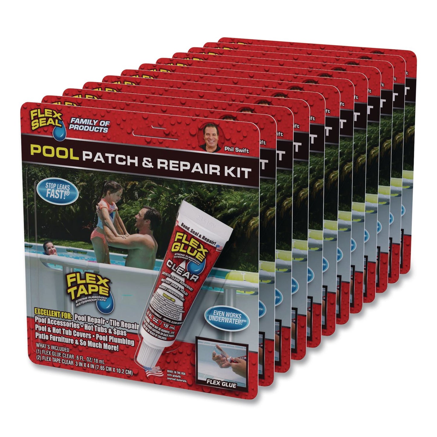Flex Seal Products® Pool Patch and Repair Kit, Flex Glue Mini Clear 0.6 oz Tube and (2) Flex Tape Mini Clear Patches 3" x 4", 12/Carton (FSGPOOLKITMINI)