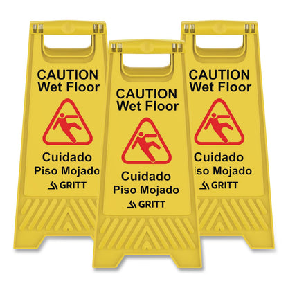 Gritt Commercial Caution Wet Floor Sign, 11.8 x 12 x 24, Yellow, 3/Pack (GCEGRI184YEL3PK)