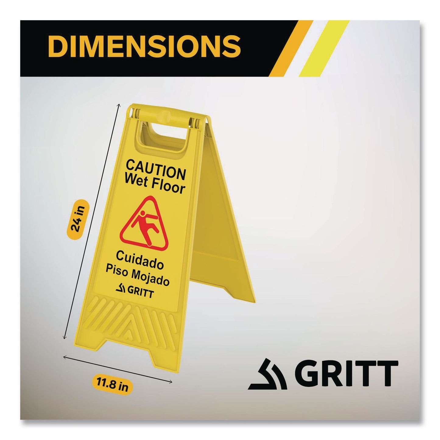 Gritt Commercial Caution Wet Floor Sign, 11.8 x 12 x 24, Yellow, 3/Pack (GCEGRI184YEL3PK)