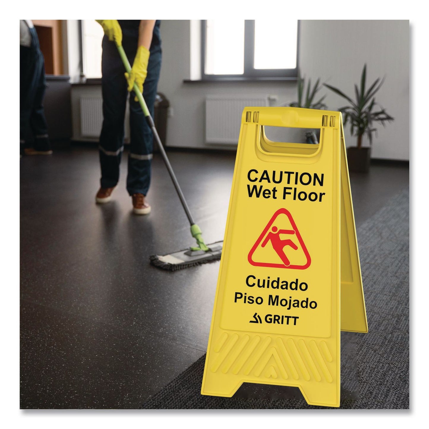 Gritt Commercial Caution Wet Floor Sign, 11.8 x 12 x 24, Yellow, 3/Pack (GCEGRI184YEL3PK)