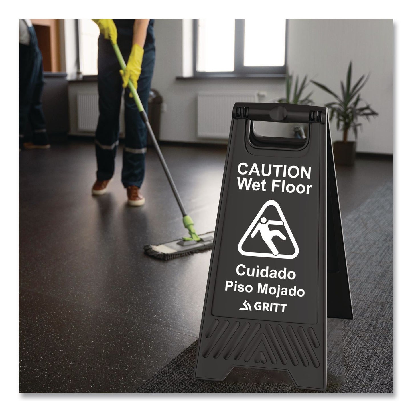 Gritt Commercial Caution Wet Floor Sign, 11.8 x 12 x 24, Black, 3/Pack (GCEGRI184BLK3PK)