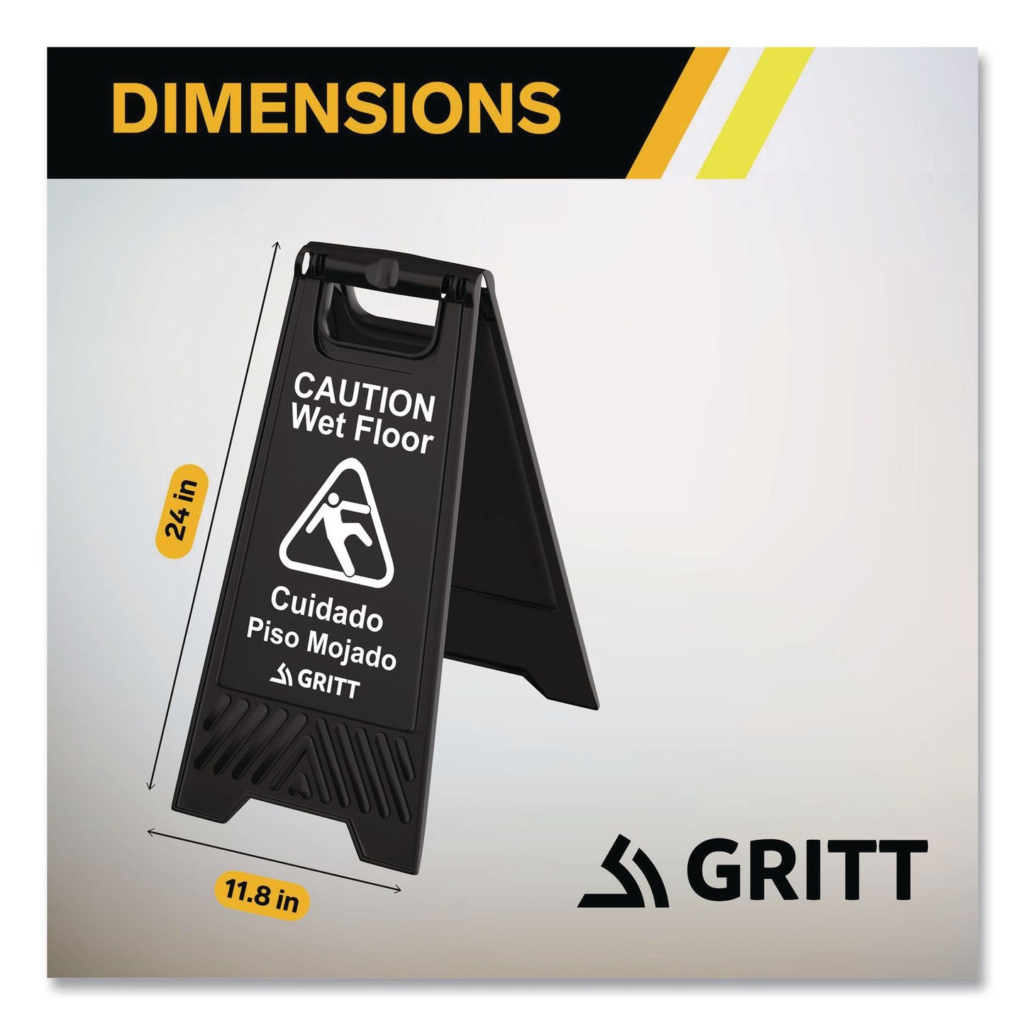 Gritt Commercial Caution Wet Floor Sign, 11.8 x 12 x 24, Black, 3/Pack (GCEGRI184BLK3PK)