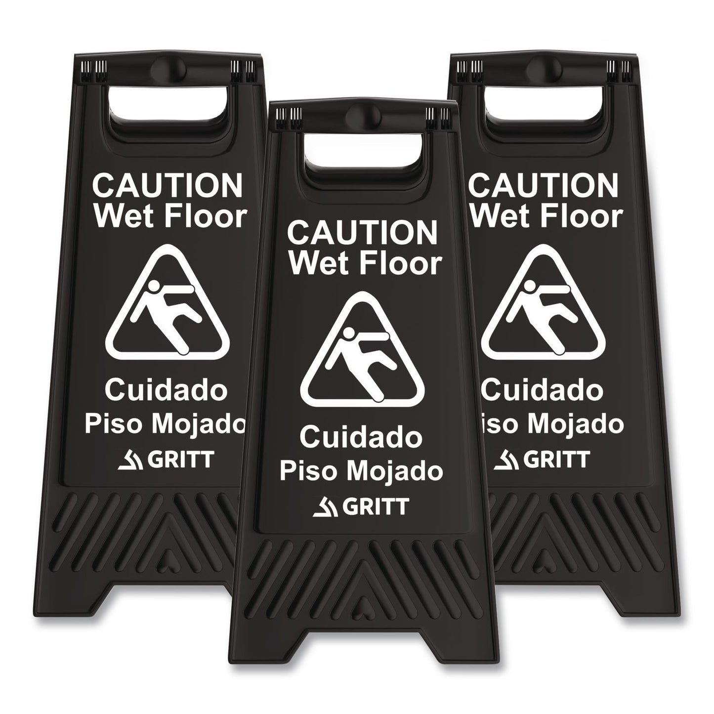 Gritt Commercial Caution Wet Floor Sign, 11.8 x 12 x 24, Black, 3/Pack (GCEGRI184BLK3PK)