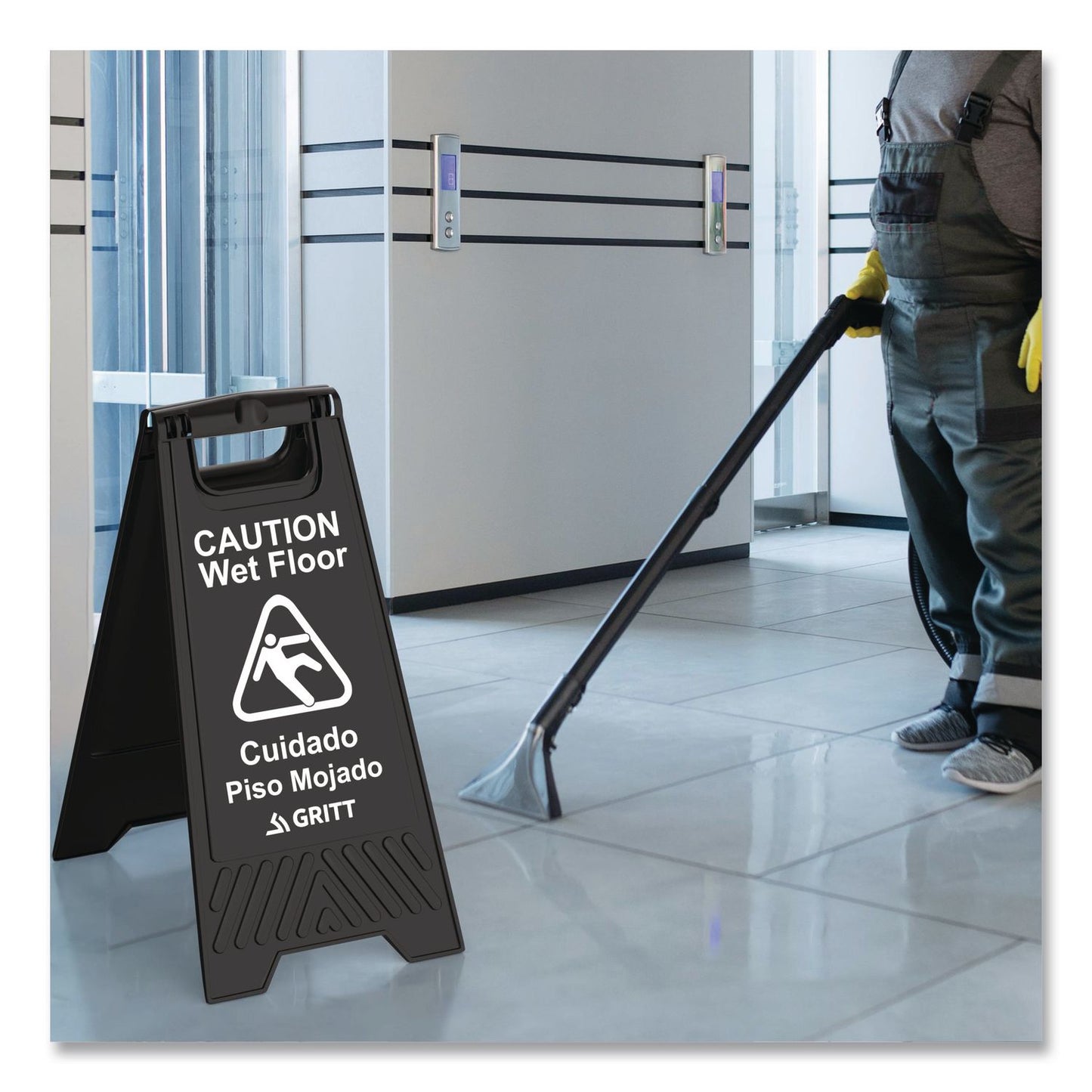 Gritt Commercial Caution Wet Floor Sign, 11.8 x 12 x 24, Black, 3/Pack (GCEGRI184BLK3PK)