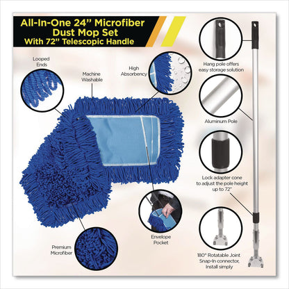 Gritt Commercial All-In-One 24" Microfiber Dust Mop Set with Telescopic Handle, 24 x 5, Blue, Microfiber Head, 72" Silver Aluminum Handle (GCEGRI17424T)