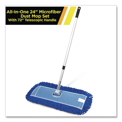 Gritt Commercial All-In-One 24" Microfiber Dust Mop Set with Telescopic Handle, 24 x 5, Blue, Microfiber Head, 72" Silver Aluminum Handle (GCEGRI17424T)