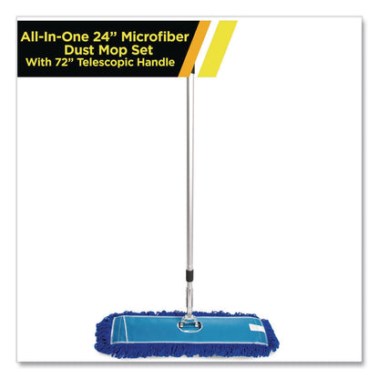 Gritt Commercial All-In-One 24" Microfiber Dust Mop Set with Telescopic Handle, 24 x 5, Blue, Microfiber Head, 72" Silver Aluminum Handle (GCEGRI17424T)