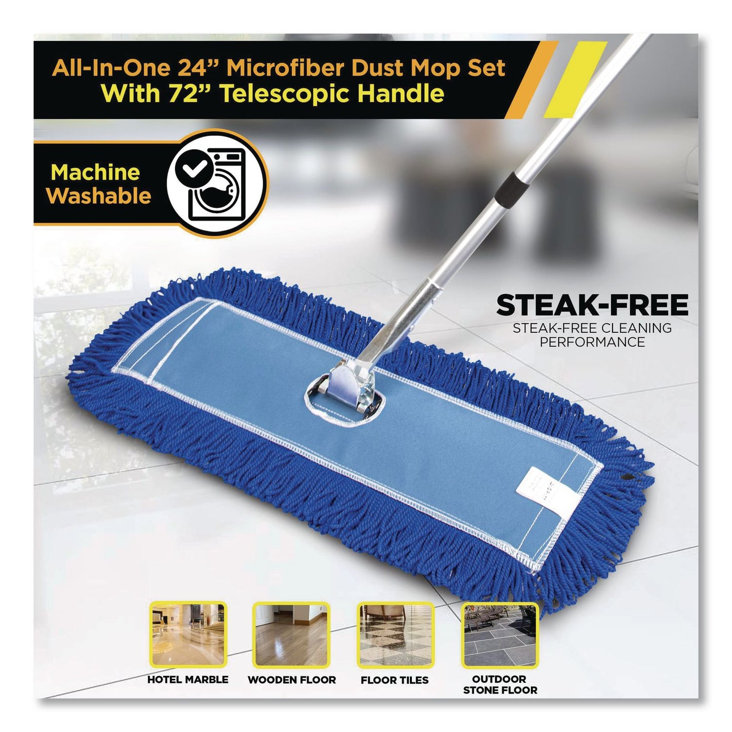 Gritt Commercial All-In-One 24" Microfiber Dust Mop Set With 72" Telescopic Handle, 24" x 5", Blue, Microfiber Head, 72" Silver Handle, 4 Kits (GCEGRI17424T4PK)