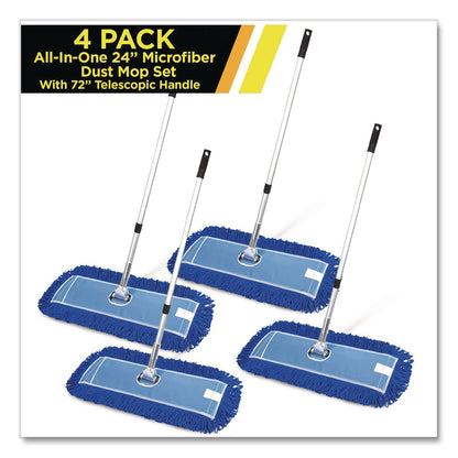 Gritt Commercial All-In-One 24" Microfiber Dust Mop Set With 72" Telescopic Handle, 24" x 5", Blue, Microfiber Head, 72" Silver Handle, 4 Kits (GCEGRI17424T4PK)