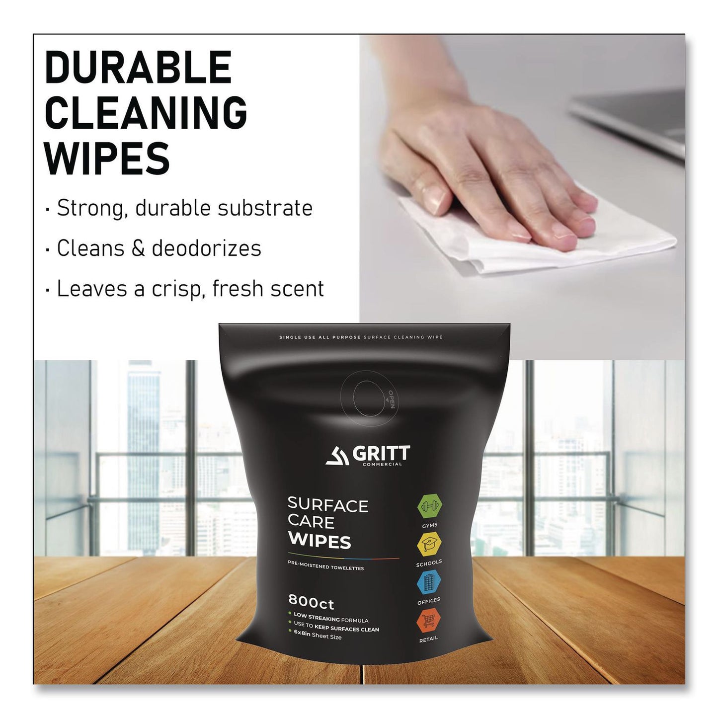Gritt Commercial Surface Care Wipes, 1-Ply, 6 x 8, Fresh Scent, White, 800 Wipes (GCEGRI5RW1)