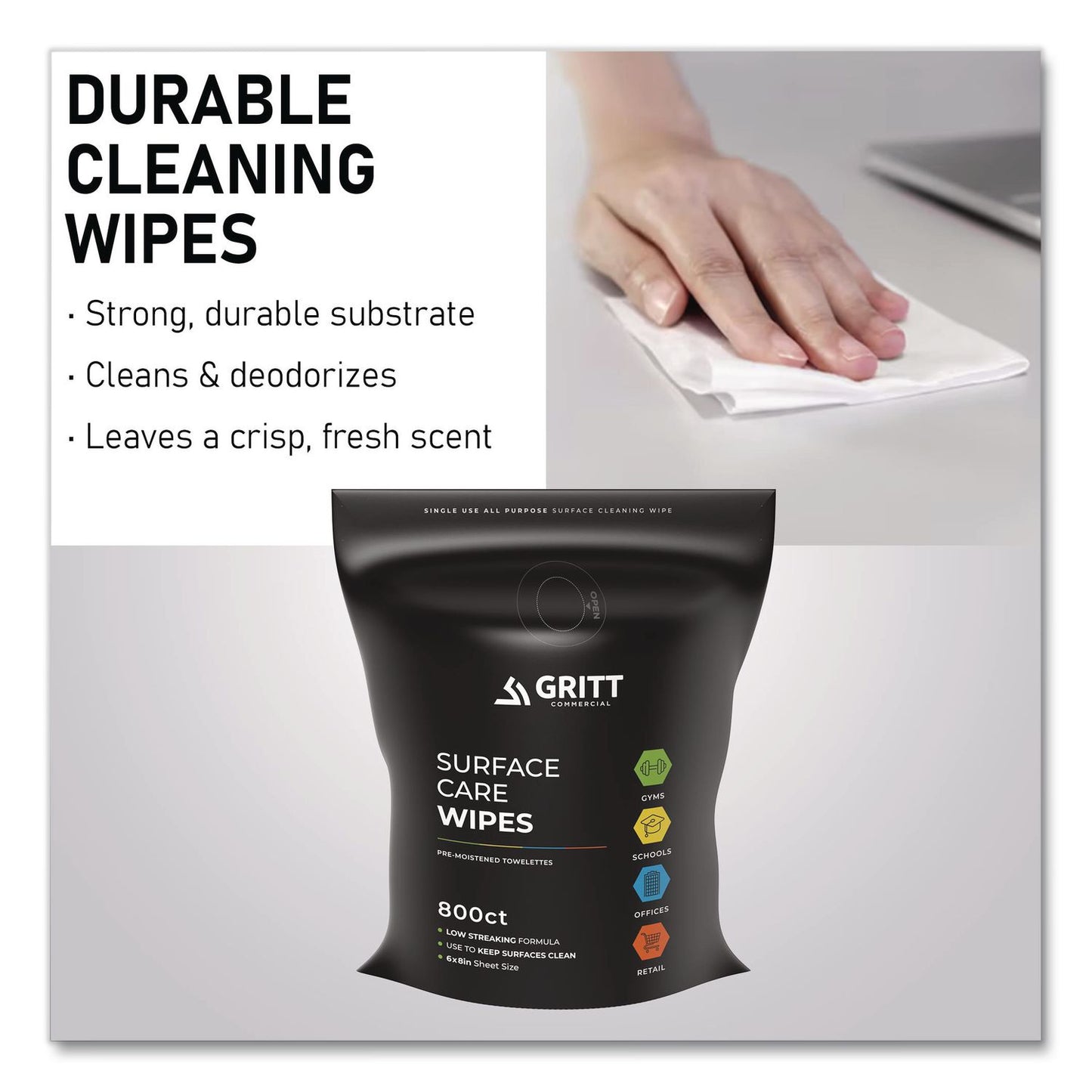 Gritt Commercial Surface Care Wipes, 1-Ply, 6 x 8, Fresh Scent, White, 800 Wipes (GCEGRI5RW1)