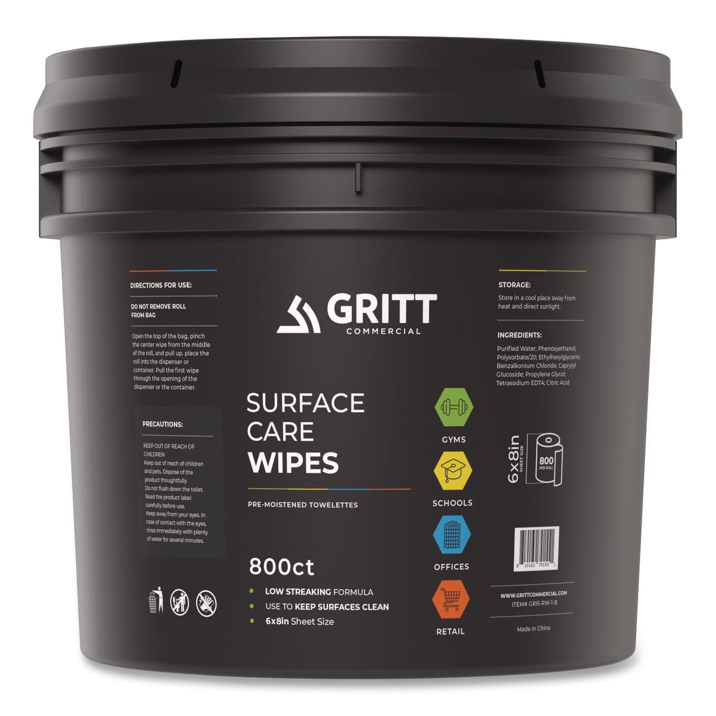 Gritt Commercial Surface Care Wipes, 1-Ply, 6 x 8, Fresh Scent, White, 800 Wipes/Bucket (GCEGRI5RW1B)