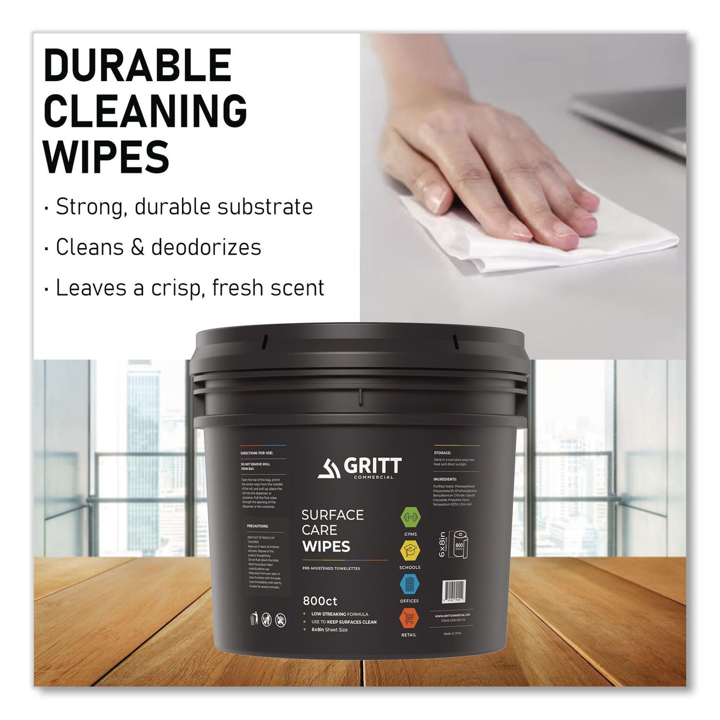 Gritt Commercial Surface Care Wipes, 1-Ply, 6 x 8, Fresh Scent, White, 800 Wipes/Bucket (GCEGRI5RW1B)