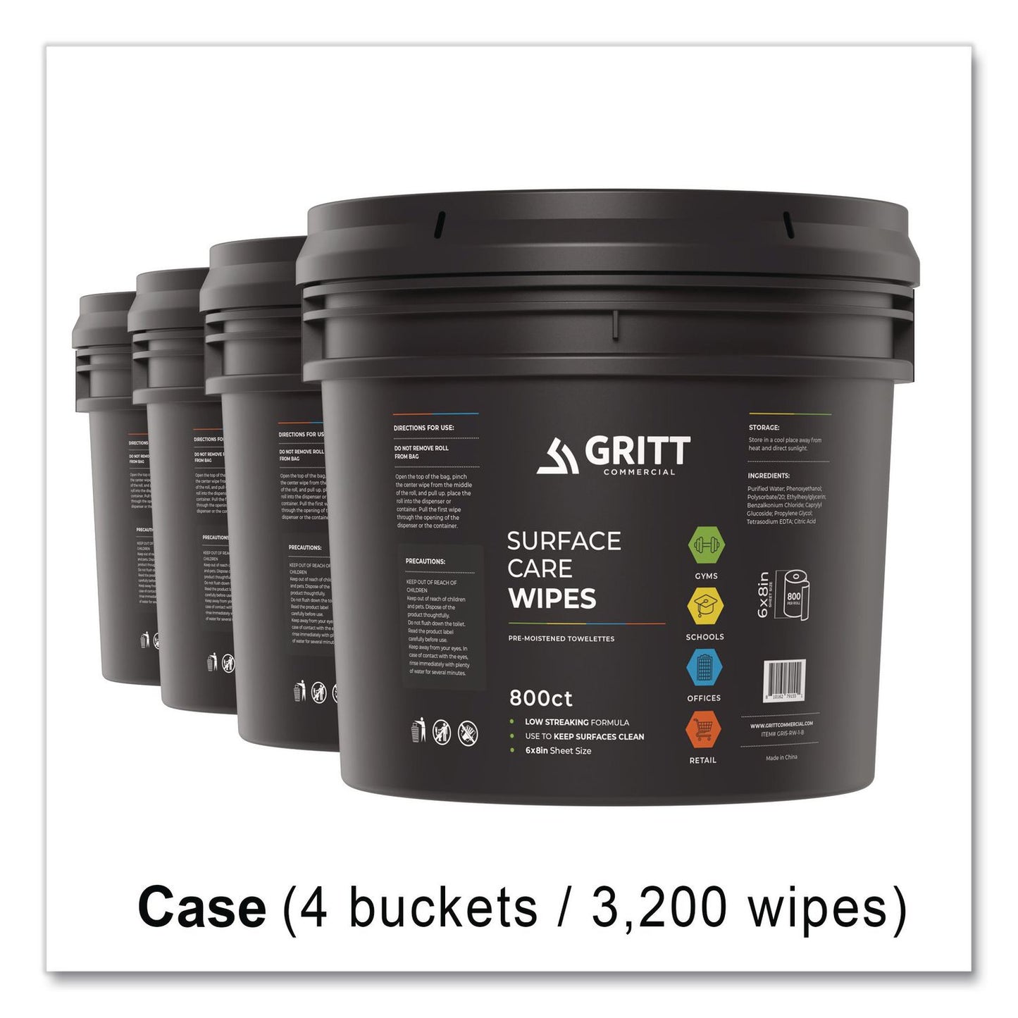 Gritt Commercial Surface Care Wipes, 1-Ply, 6 x 8, Fresh Scent, White, 800/Bucket, 4 Buckets/Carton (GCEGRI5RW1BCS)