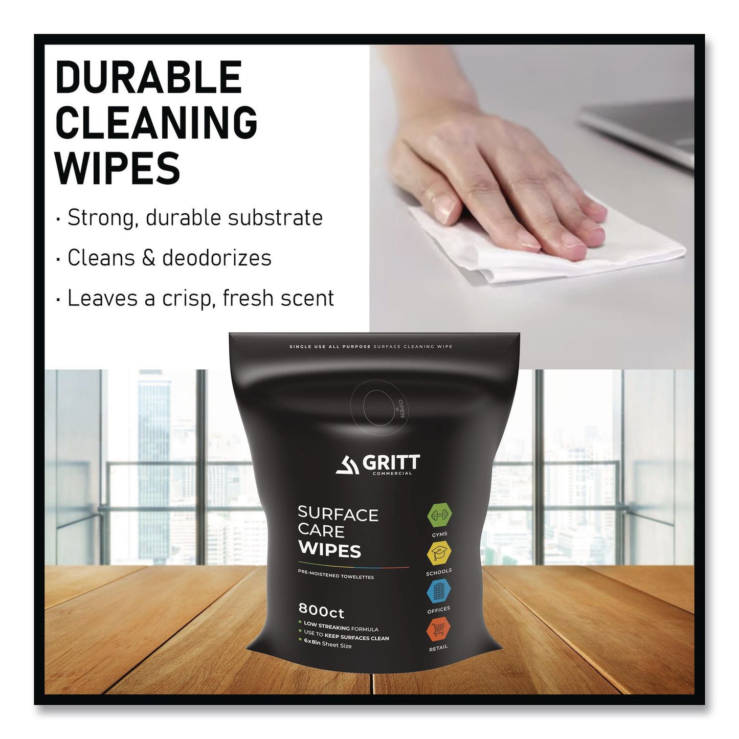 Gritt Commercial Surface Care Wipes, 1-Ply, 6 x 8, Fresh, White, 800/Pack, 4 Packs/Carton (GCEGRI5RW4)