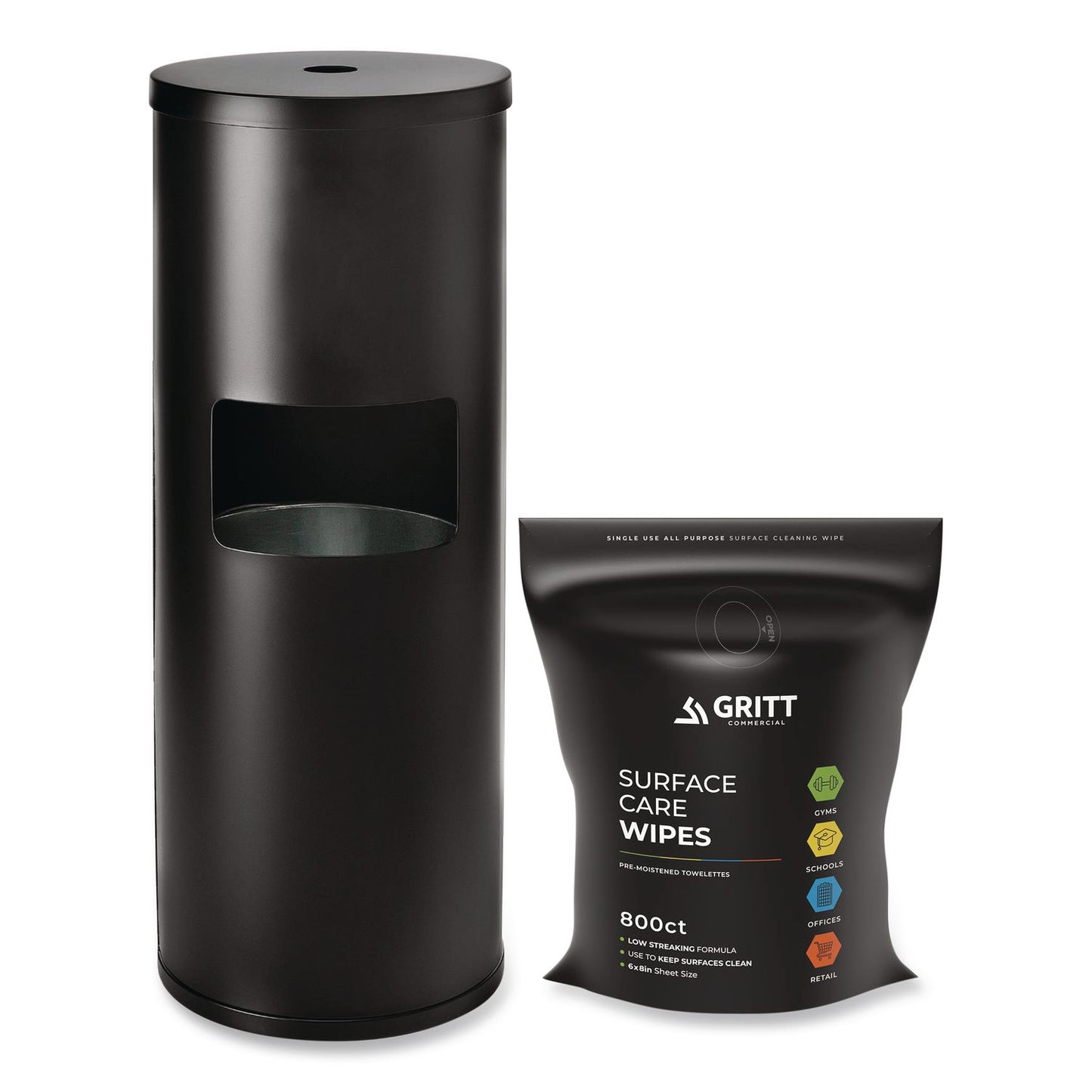 Gritt Commercial Dispenser and Wipes Starter Kit, 13.1 x 13.1 x 36, Black (GCEGRI509BLKRW)