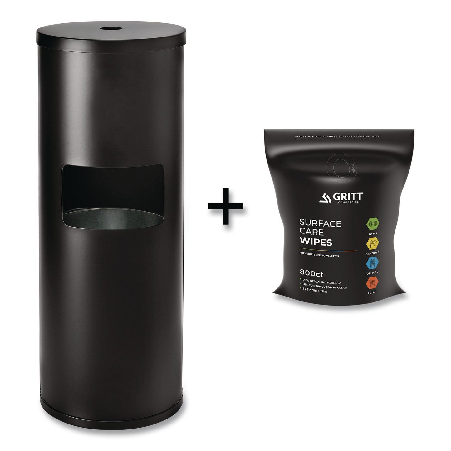 Gritt Commercial Dispenser and Wipes Starter Kit, 13.1 x 13.1 x 36, Black (GCEGRI509BLKRW)