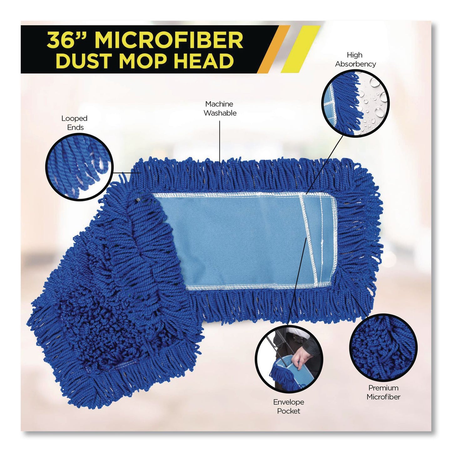 Gritt Commercial Microfiber Looped Dust Mop Pad Head, 36 x 5, Blue, 12/Carton (GCEGRI1823612PK)