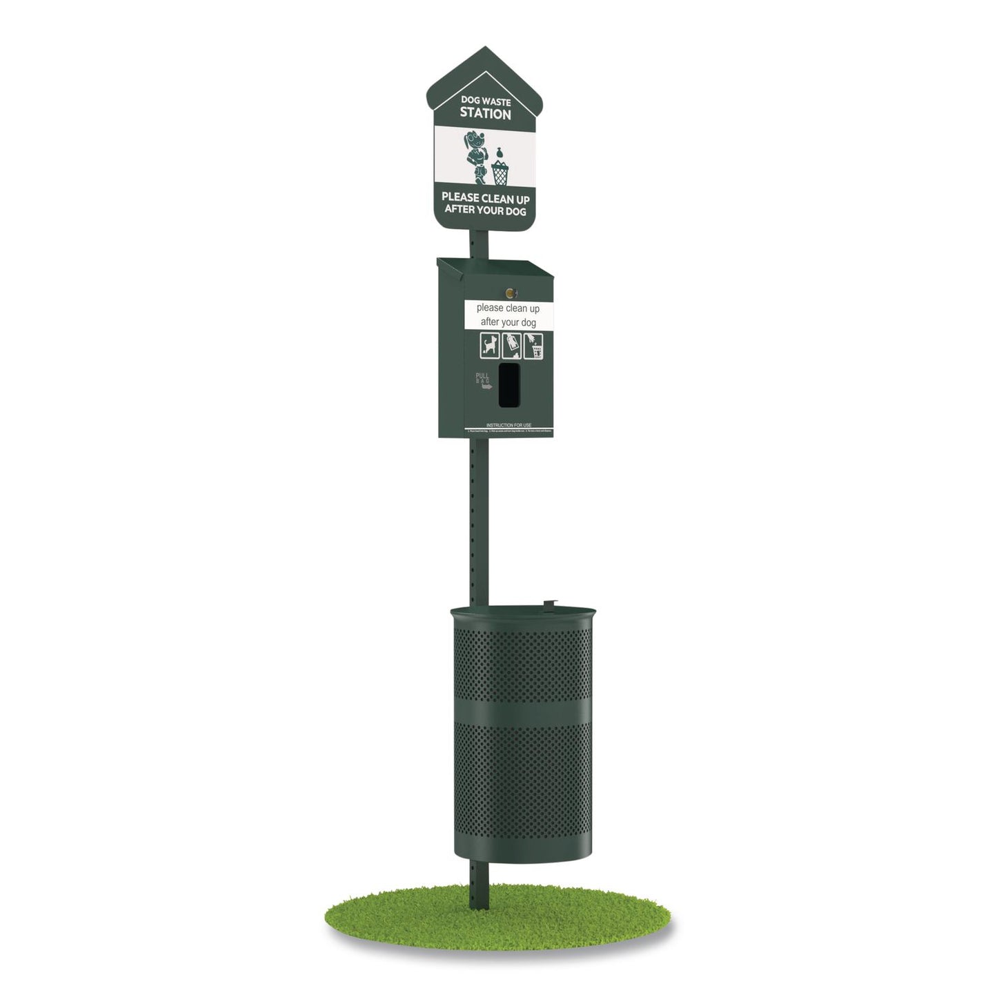 Furloo Pet Waste Station Kit with Header Bag Locking Dispenser, 11.5 Gallon Round Lidded Trash Can, Pole, and Glow-in-the-Dark Sign (GCEFLO1HSG)