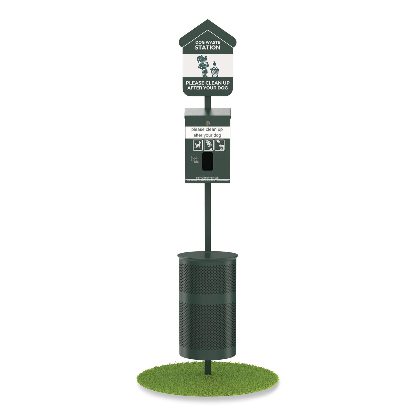 Furloo Pet Waste Station Kit with Header Bag Locking Dispenser, 11.5 Gallon Round Lidded Trash Can, Pole, and Glow-in-the-Dark Sign (GCEFLO1HSG)