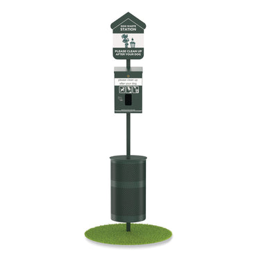 Furloo Pet Waste Station Kit with Header Bag Locking Dispenser, 11.5 Gallon Round Lidded Trash Can, Pole, and Glow-in-the-Dark Sign (GCEFLO1HSG)