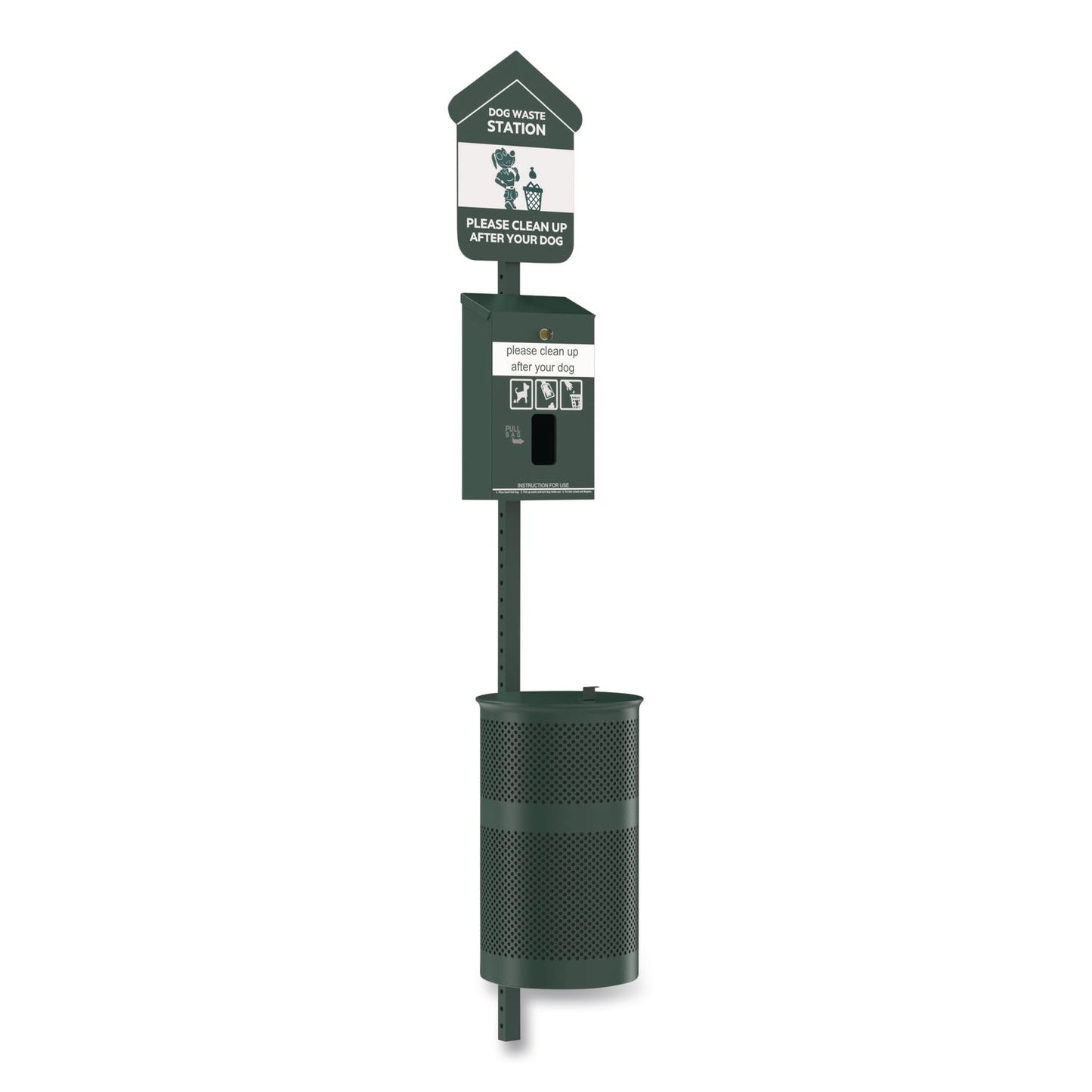 Furloo Pet Waste Station Kit with Header Bag Locking Dispenser, 11.5 Gallon Round Lidded Trash Can, Pole, and Glow-in-the-Dark Sign (GCEFLO1HSG)