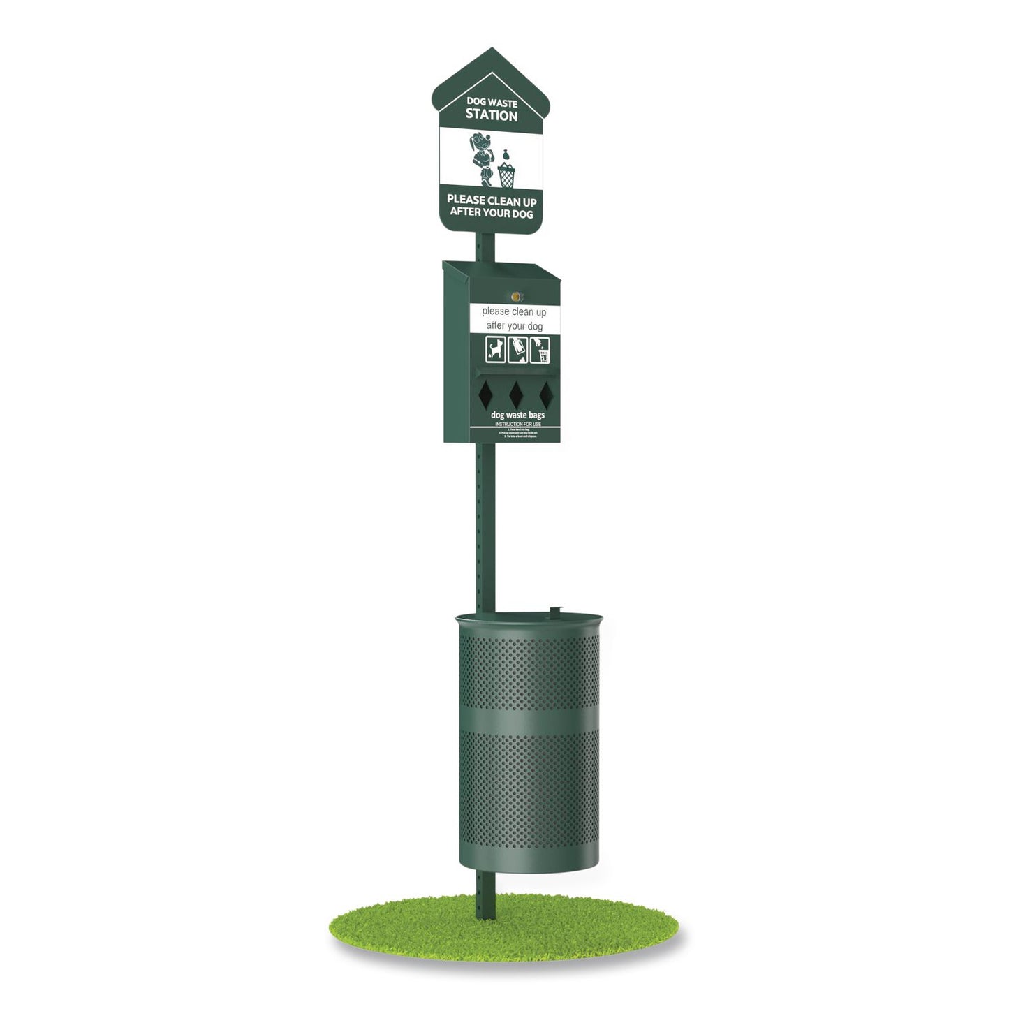 Furloo Pet Waste Station Kit with Roll Bag Locking Dispenser, 11.5 Gallon Round Lidded Trash Can, Pole, and Glow-in-the-Dark Sign (GCEFLO1RSG)
