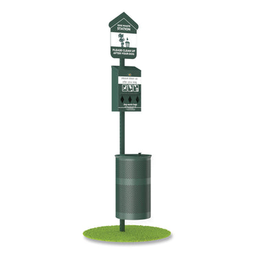 Furloo Pet Waste Station Kit with Roll Bag Locking Dispenser, 11.5 Gallon Round Lidded Trash Can, Pole, and Glow-in-the-Dark Sign (GCEFLO1RSG)