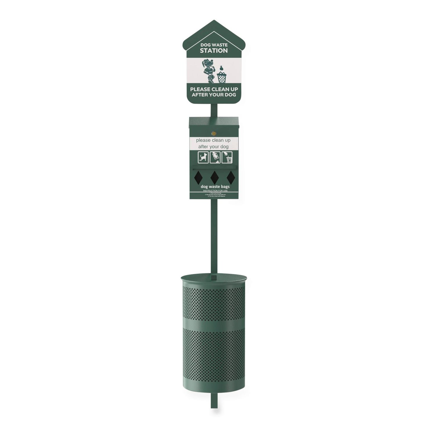 Furloo Pet Waste Station Kit with Roll Bag Locking Dispenser, 11.5 Gallon Round Lidded Trash Can, Pole, and Glow-in-the-Dark Sign (GCEFLO1RSG)