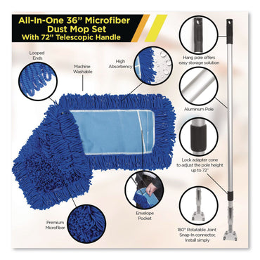 Gritt Commercial All-In-One Microfiber Dust Mop Set with Telescopic Handle, 36 x 5, Blue Microfiber Head, 40" to 72" Silver Aluminum Handle (GCEGRI17436T)