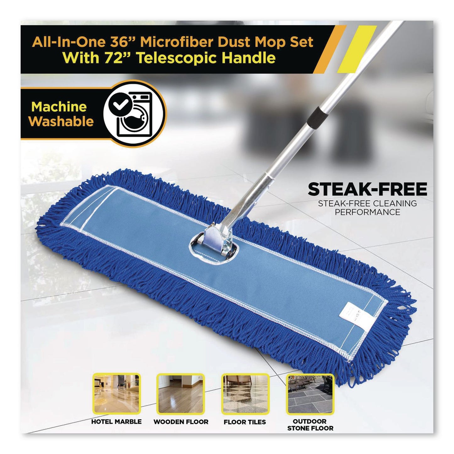 Gritt Commercial All-In-One Microfiber Dust Mop Set with Telescopic Handle, 36 x 5, Blue Microfiber Head, 40" to 72" Silver Aluminum Handle (GCEGRI17436T)