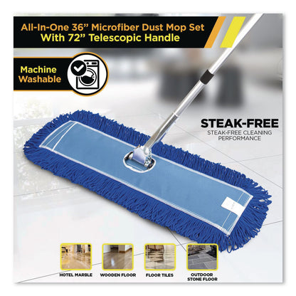 Gritt Commercial All-In-One Microfiber Dust Mop Set with Telescopic Handle, 36 x 5, Blue Microfiber Head, 40" to 72" Silver Aluminum Handle (GCEGRI17436T)