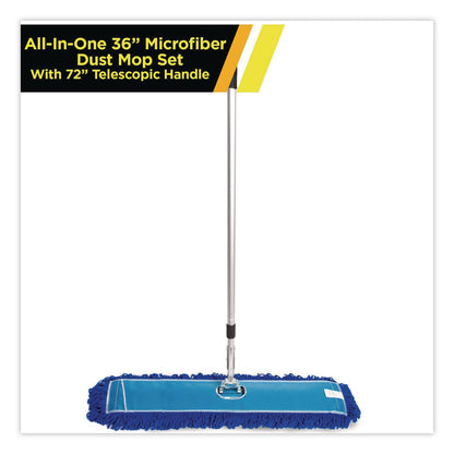 Gritt Commercial All-In-One Microfiber Dust Mop Set with Telescopic Handle, 36 x 5, Blue Microfiber Head, 40" to 72" Silver Aluminum Handle (GCEGRI17436T)