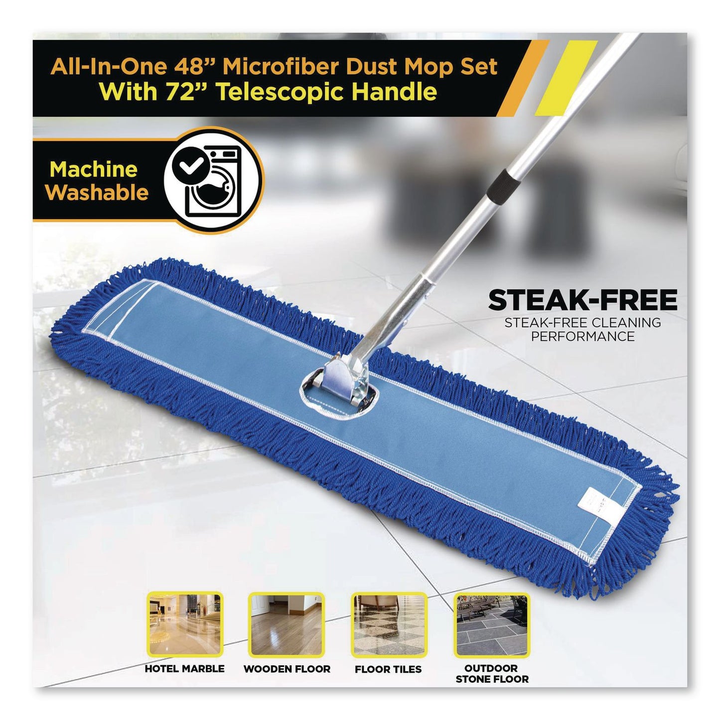 Gritt Commercial All-In-One Microfiber Dust Mop Set with Telescopic Handle, 48 x 5, Blue Microfiber Head, 40" to 72" Silver Aluminum Handle (GCEGRI17448T)