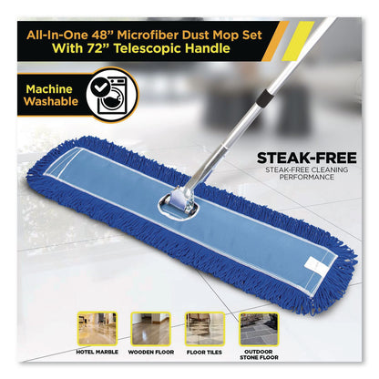 Gritt Commercial All-In-One Microfiber Dust Mop Set with Telescopic Handle, 48 x 5, Blue Microfiber Head, 40" to 72" Silver Aluminum Handle (GCEGRI17448T)