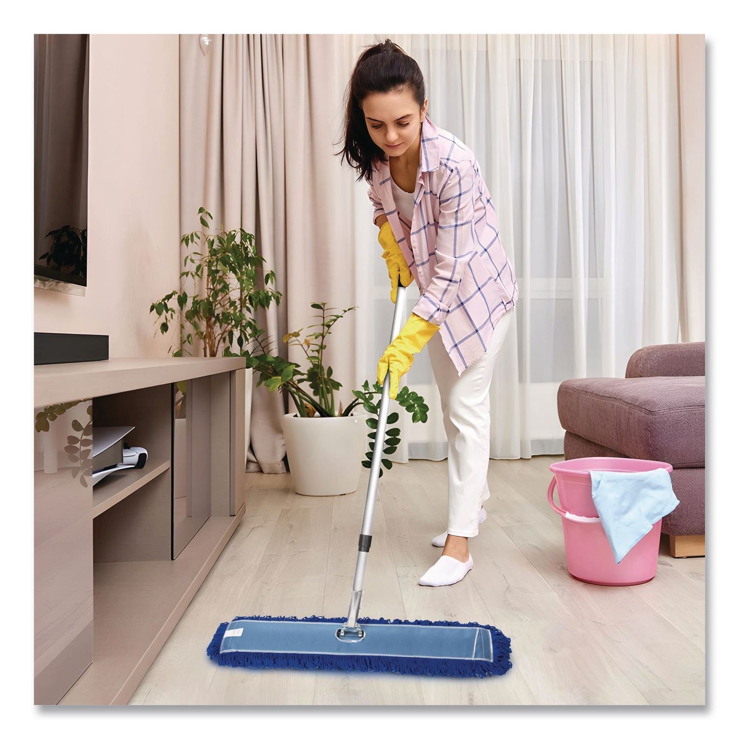 Gritt Commercial All-In-One Microfiber Dust Mop Set with Telescopic Handle, 48 x 5, Blue Microfiber Head, 40" to 72" Silver Aluminum Handle (GCEGRI17448T)